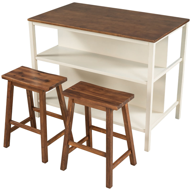 Rustic 3 Piece Stationary Kitchen Island Set With 2 Seatings, With 2 Open Shelves