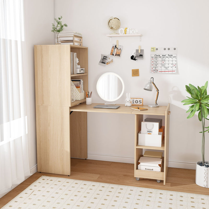 Stretchable Office Desk With Storage Shelves And Mobile Wheels
