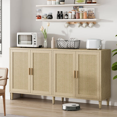 Rattan Buffet Cabinet With Storage, 4 Door Sideboard, Adjustable Shelves - Natural