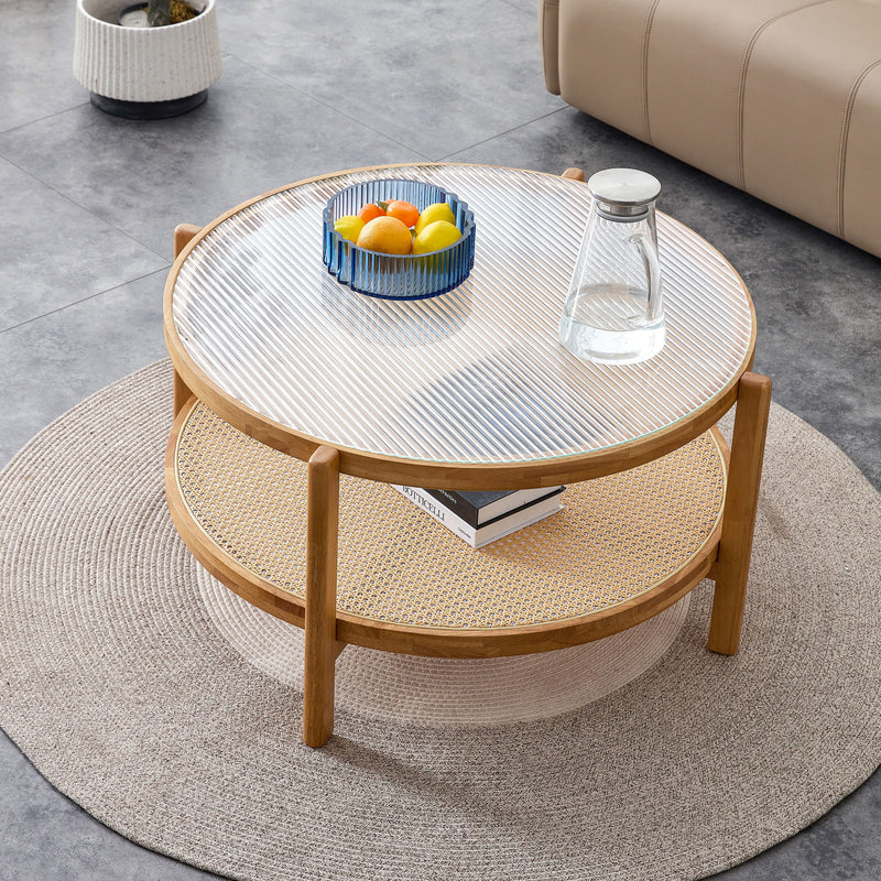 Modern Style Circular Double Layer Tea Table With Rattan Weave