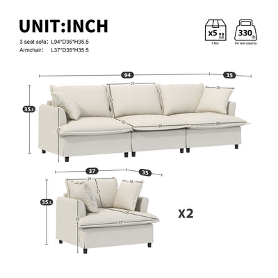 Living Room Set Modular Sectional Couch, Upholstered Sofa & Armchair & Movable Ottoman