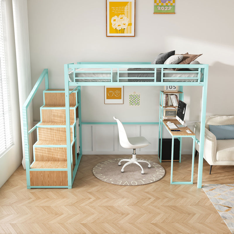 Heavy Metal Frame Full Loft Bed With Desk & Storage, 4 Cabinets, Staircase, Rack Space Saver - Green