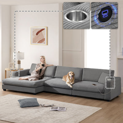 Oversized Sectional L Shaped Cloud Couch With USB Charging Port Cup Holder Deep And Wide Seat Sofa With Chaise Comfy
