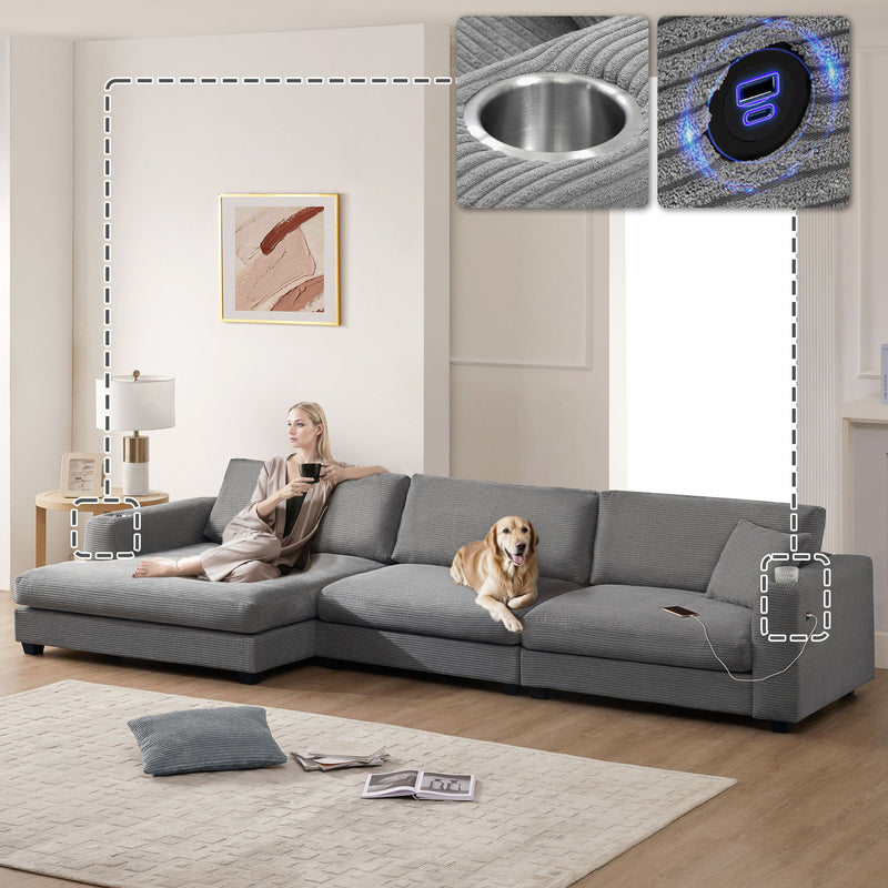 Oversized Sectional L Shaped Cloud Couch With USB Charging Port Cup Holder Deep And Wide Seat Sofa With Chaise Comfy