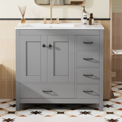 Bathroom Vanity With Ceramic Sink Combo, Abundant Storage Cabinet 2 Soft Close Doors And 5 Drawers