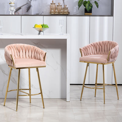 Counter Height Bar Stools Kitchen Island Counter Bar Stool With Hand - Wave Back, Golden Chromed Base And Footrest (Set of 2) - Pink