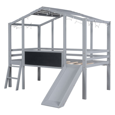 Loft House Bed With Ladder And Slide, With Blackboard And Light Strip On The Roof