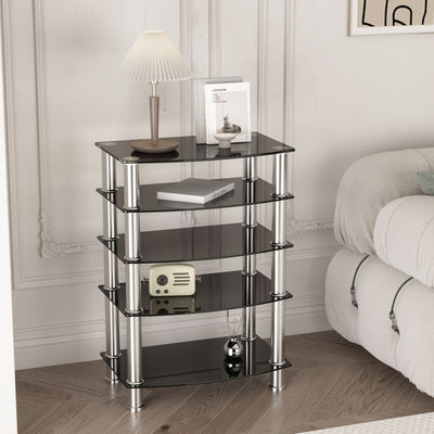 5 Tier Tempered Glass Side Table, Stainless Steel Frame End Table For Living Room, Bedroom - Black