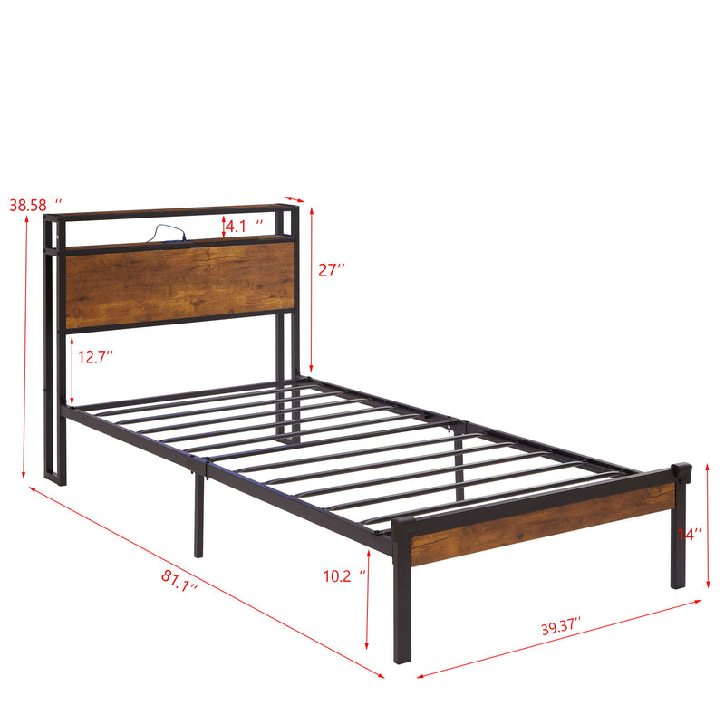 Metal Platform Bed Frame With Wooden Headboard And Footboard With USB Liner, No Box Spring Needed, Under Bed Storage