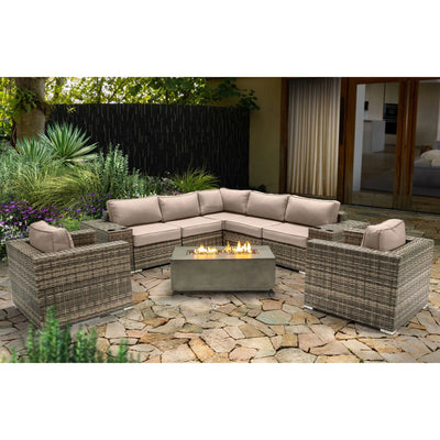 Rattan Wicker Patio Set With Cushions And Concrete Fire Pit
