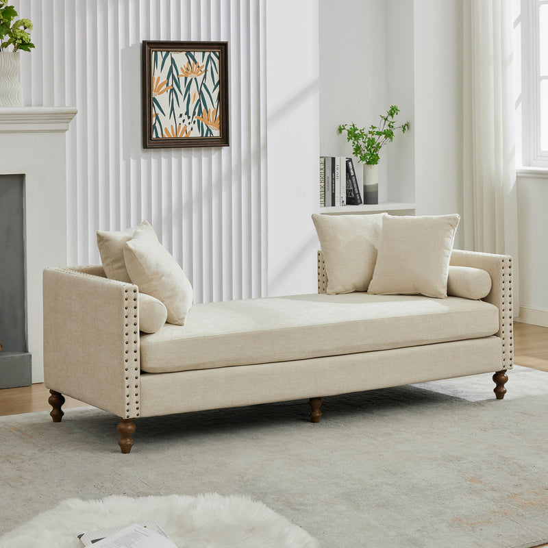 Upholstered Chaise Lounge Indoor With Nailheads, Sleeper Sofa Couch With 4 Throw Pillows & 2 Bolsters, Daybed With Rubberwood Legs