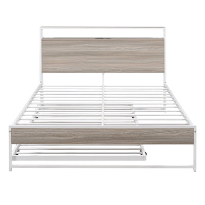 Platform Bed Frame With Trundle, USB Ports And Slat Support, No Box Spring Needed