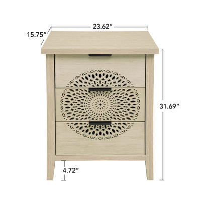 Hollow Carved 3 Drawer Cabinet Dresser Storage Chest With Metal Handles For Living Room Bedroom - Natural