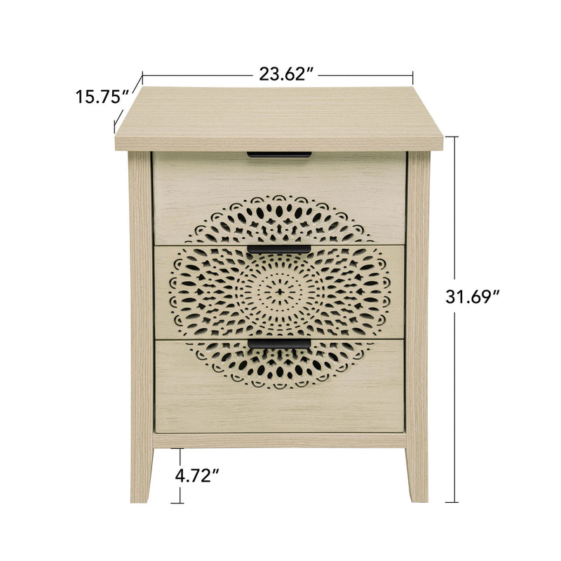 Hollow Carved 3 Drawer Cabinet Dresser Storage Chest With Metal Handles For Living Room Bedroom - Natural