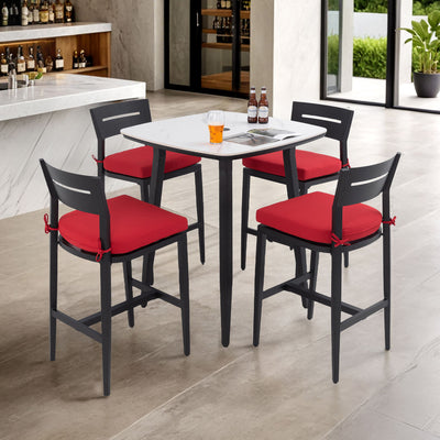 5 Pieces Outdoor Patio Bar Set, Rounded Square Table & 4 Aluminum Bar Stools
