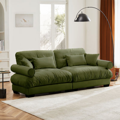 Modern Velvet Sofa With Bolstered Armrests And Pillows
