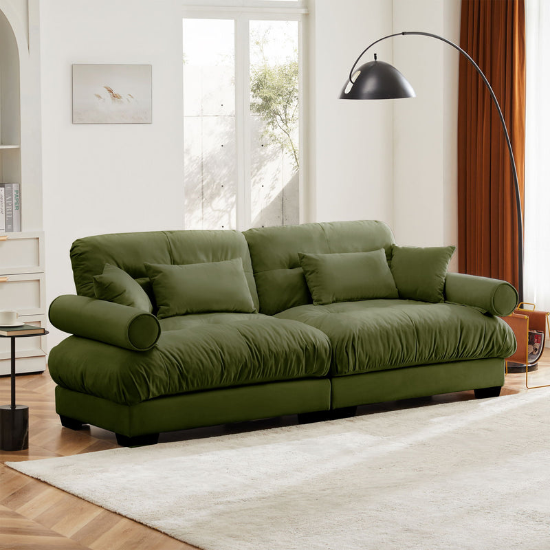 Modern Velvet Sofa With Bolstered Armrests And Pillows