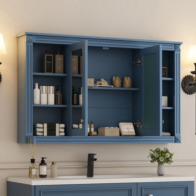 Bathroom Mirror Cabinet With Storage, Adjustable Shelf And Open Shelves, Wall Mounted Medicine Cabinet For Bathroom - Blue