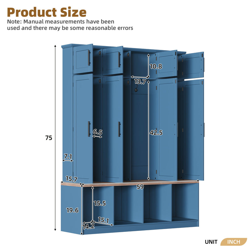 Farmhouse Hall Tree With 4 Hidden Hanging Hooks And 8 Doors