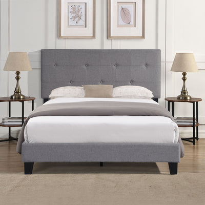 Modern Upholstered Platform Bed Frame With Button Tufted Linen Headboard And Wood Slat Support