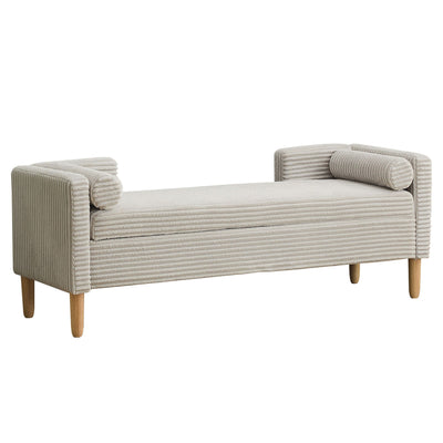 Wide Corduroy Storage Soft Bench With Armrests, Backrest And Two Bolster Pillows
