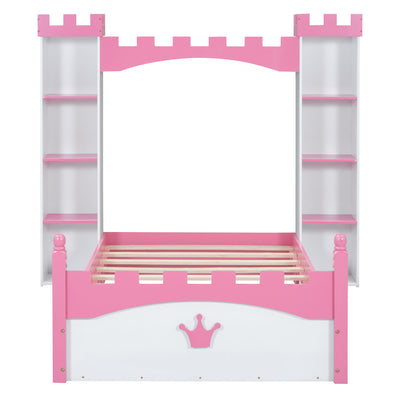 Castle Shaped Bed With Storage Shelf, Dreamy Platform Bed For Kids Bedroom