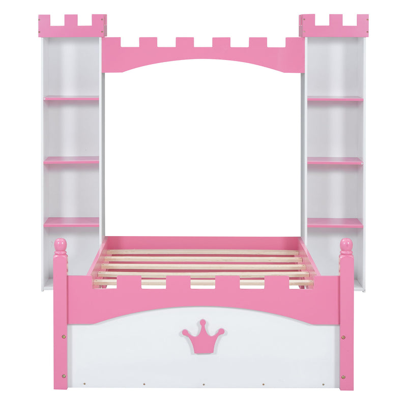 Castle Shaped Bed With Storage Shelf, Dreamy Platform Bed For Kids Bedroom