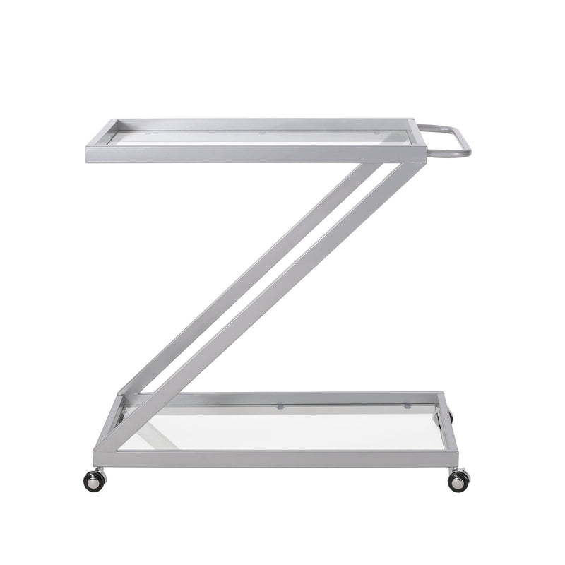Modern Z Shaped Bar Cart With Tempered Glass Shelves - Silver