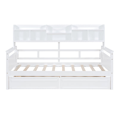 Daybed, Wood Slat Support, With Bedside Shelves And Two Drawers