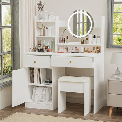 Fashion Vanity Desk With Mirror And Lights For Makeup And Cushioned Chair - White