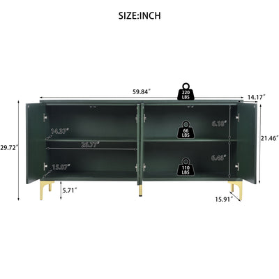 Modern Wood Sideboard Cabinet With Carved Door Panels, Adjustable Shelves, And Sturdy Metal Legs