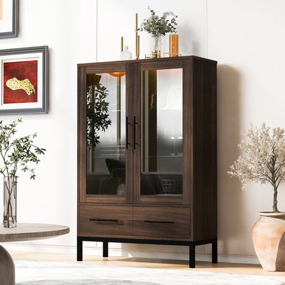 Modern Style Tall Display Cabinet With LED Lighting, Tempered Glass Door, 2 Drawers