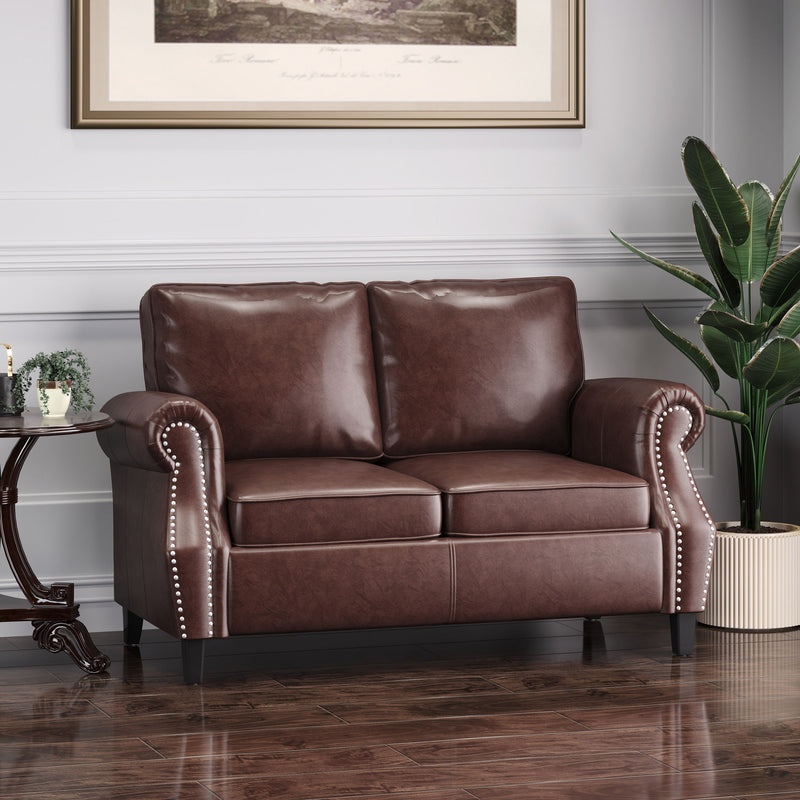 Contemporary Loveseat With Nailhead Trim - Dark Brown