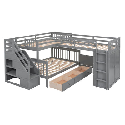 L Shaped Bunk Bed With 3 Drawers, Portable Desk And Wardrobe