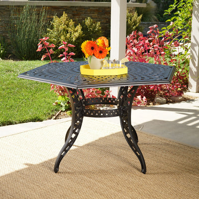 Outdoor Cast Aluminum Dining Table With Lattice Top And Umbrella Hole - Black