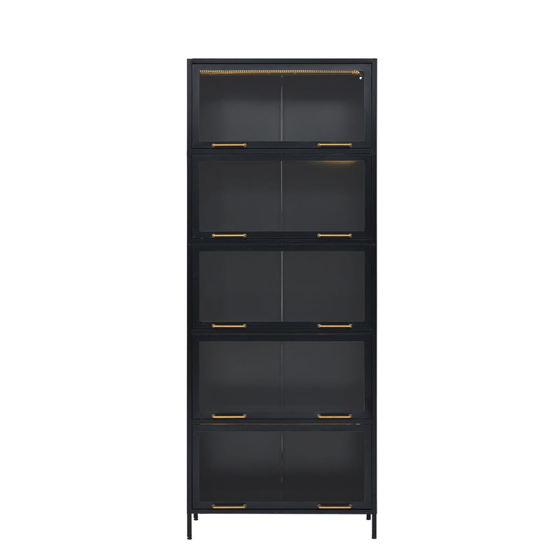 Modern Steel Display Cabinet With Glass Doors And LED Lights, 5 Tier Steel Barrister Bookcase For Home Or Office - Black