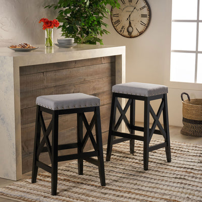 Greely Saddle Barstool Set With Fabric Upholstery - Light Gray