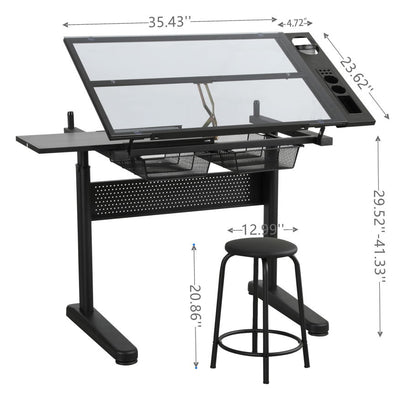 Hand Crank Adjustable Drafting Table Drawing Desk With 2 Metal Drawers With Stool