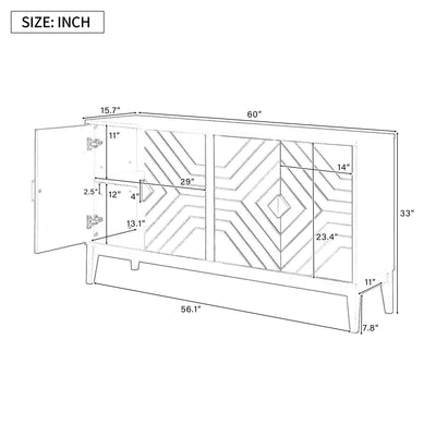 4 Door Sideboard Storage Cabinet For Living Room And Dining Room, 2 Large Cabinets With Gold Handles And Adjustable Shelf - Black