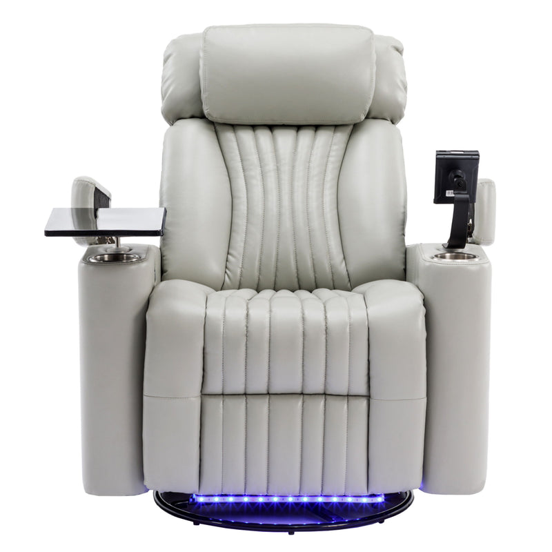 270° Power Swivel Recliner Home Theater Chair With Hidden Arm Storage, LED Light, Cup Holder, And Tray Table