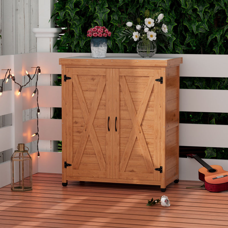 Rustic Cedar Potting Bench With Storage Cabinet And Metal Table Top For Outdoor Patio - Light Brown