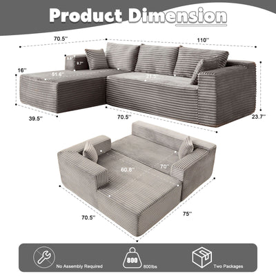 Compression Sectional Couch With Comfy Chaise, Boneless L Shape Sofa With Deep Seat