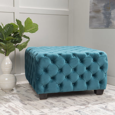 Unwind Upholstered Square Ottoman With Button Tufted Diamond Stitch - Teal