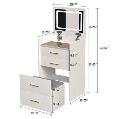 Compact 3 In 1 Vanity Desk With Open Top Mirror, Glass Desktop, 5 Height - White