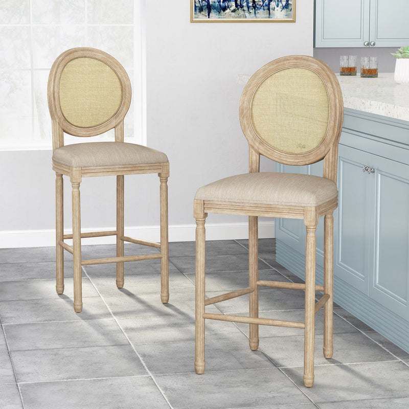 Country Chic Bar Stools (Set of 2) With Rattan Backrest And Upholstered Seat - Beige / Natural