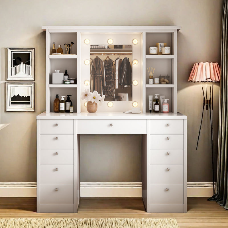 Vanity Desk With LED Lighted Mirror, Makeup Vanity With 11 Drawers, Adjustable Lighting - White