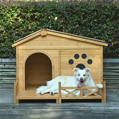 Wooden Dog House Outdoor With Porch, Dog Kennel With Water Resistant Asphalt Roof And Fencing, Indoor & Outdoor Dog Crate With Paw Print, Medium - Nature