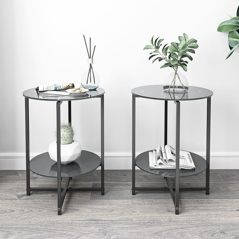 JWS Tempered Glass End Table (Set of 2), Round Coffee Table For Bedroom Living Room Office - Black