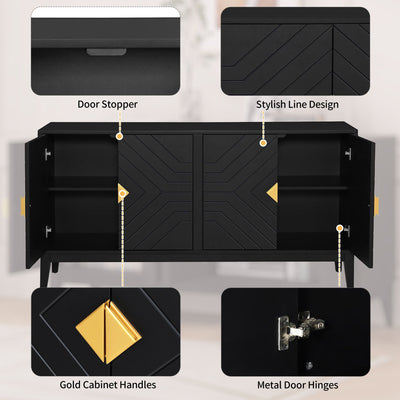 4 Door Sideboard Storage Cabinet For Living Room And Dining Room, 2 Large Cabinets With Gold Handles And Adjustable Shelf - Black