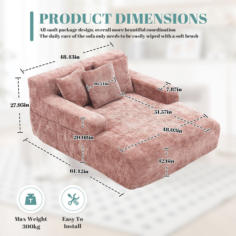 Chenille Interior Lazy Sofa Chaise Longue Armchair With 3 Pillows And Armrests